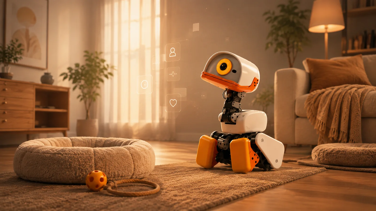Robot doméstico con aspecto de pato junto a una cama para mascotas en un salón iluminado por el sol.